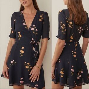 Reformation Lucky Wrap Dress Princess Margaret Navy Floral Printed